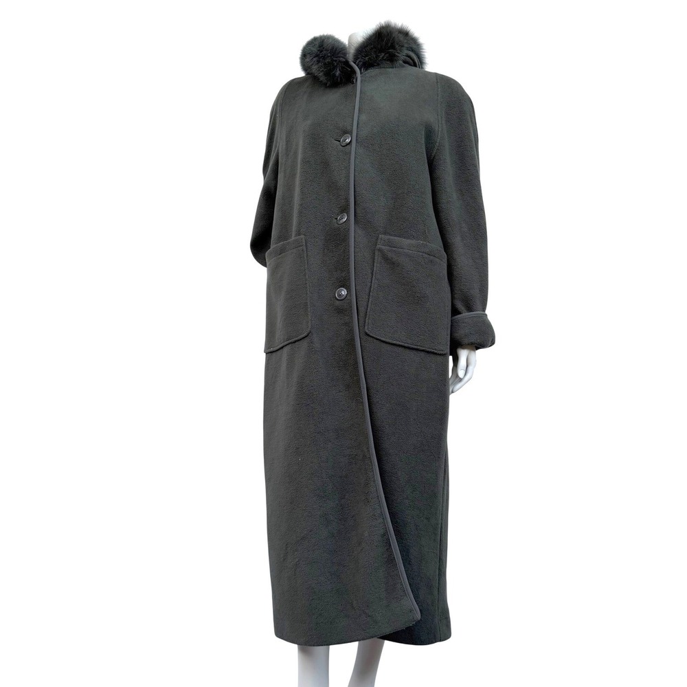 London Fog Longline Fleece Coat‎ Fox Fur Collar Olive Dark Academia Old Money10